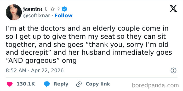 Sweet married life tweet about elderly couple at doctors with husband complimenting wife