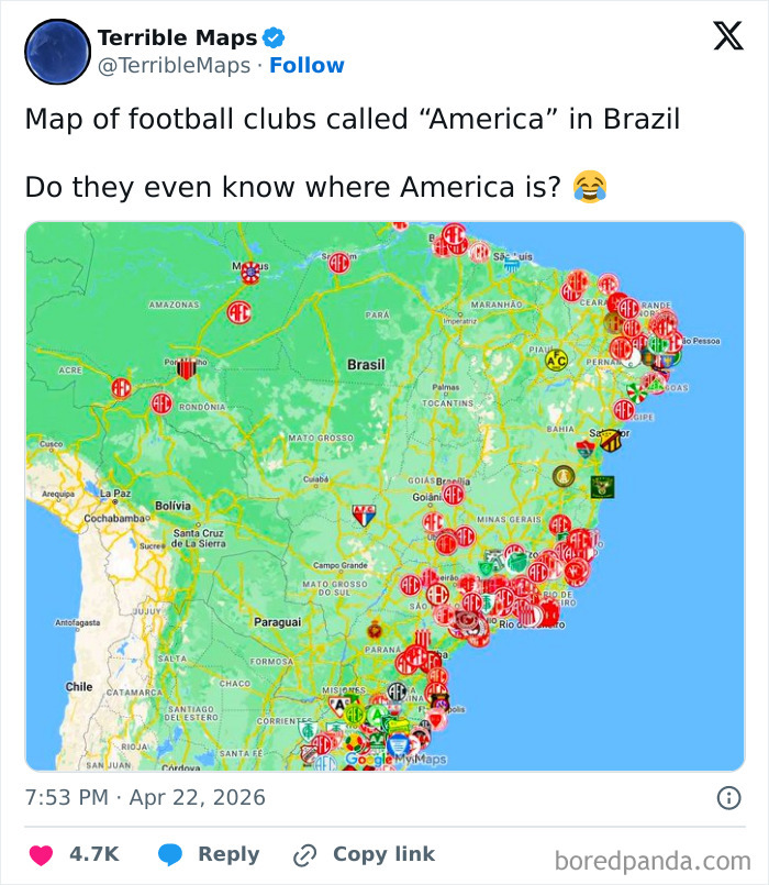 Map of Brazilian football clubs named America scattered across the country