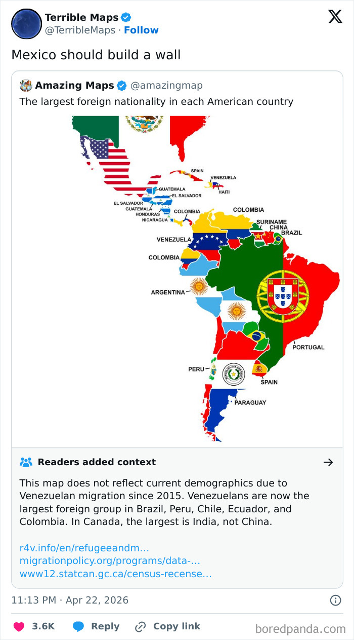 Map illustrating largest foreign nationality in each American country