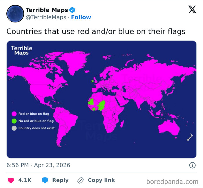 World map showing countries with red or blue on their flags