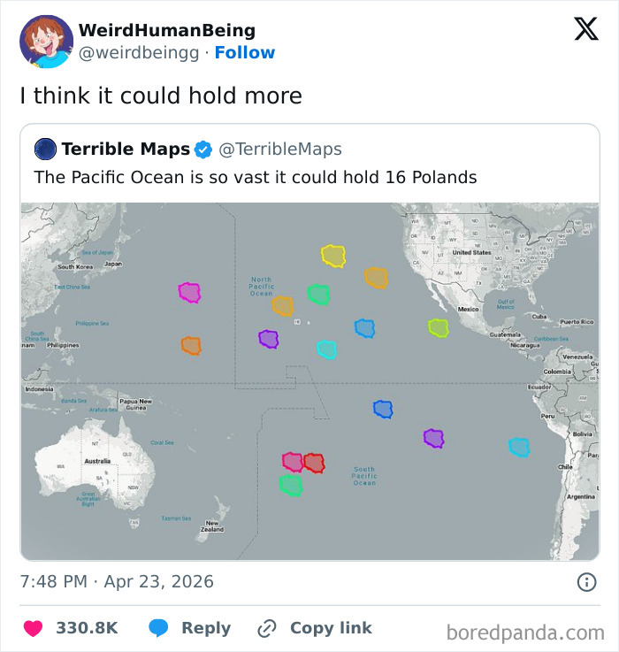 Pacific Ocean shown as able to hold 16 Polands in humorous map
