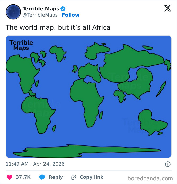 World map altered to show all landmasses as the African continent