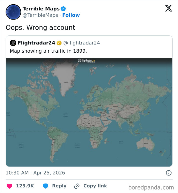 World map mistakenly showing air traffic in 1899 as a joke