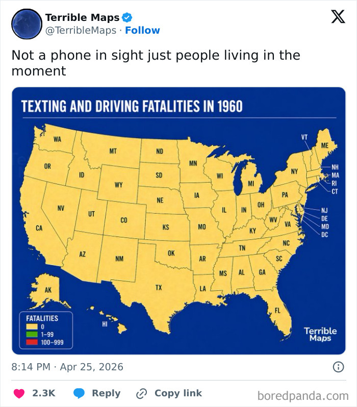 US map of texting and driving fatalities in 1960 with no fatalities highlighted