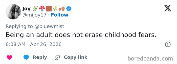 Tweet about how being an adult does not erase childhood fears in adult problems