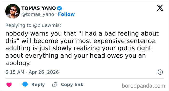 Tweet explaining adulting means trusting your gut about adult problems