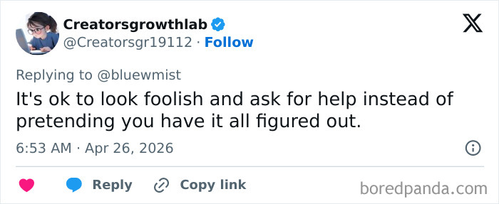 Tweet encouraging asking for help instead of pretending in adult problems