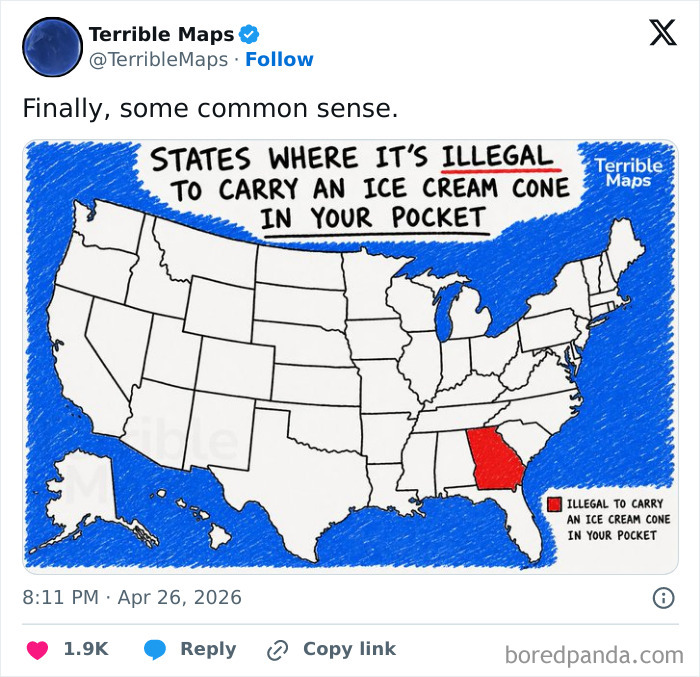 US map highlighting Georgia where carrying ice cream cones in pockets is illegal