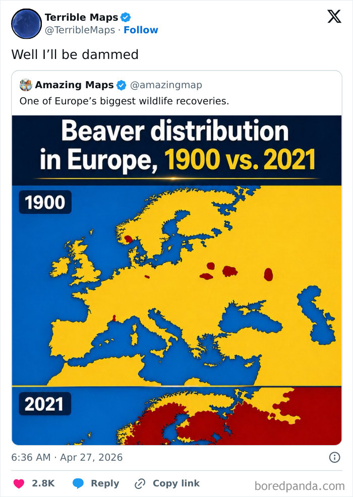 Map showing beaver distribution in Europe in 1900 versus 2021