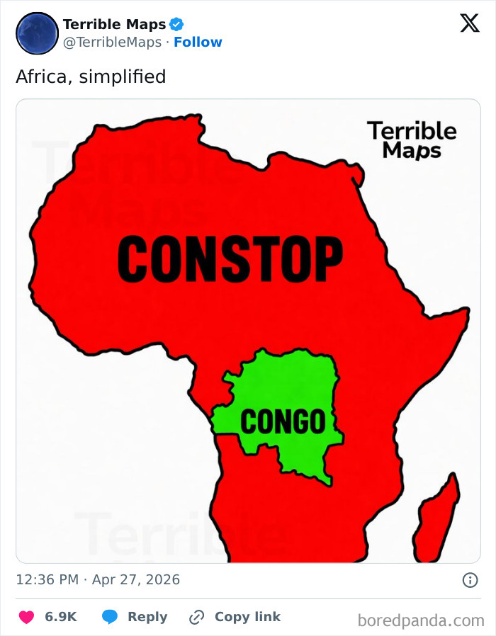 Simplified Africa map with large area named constop and smaller Congo