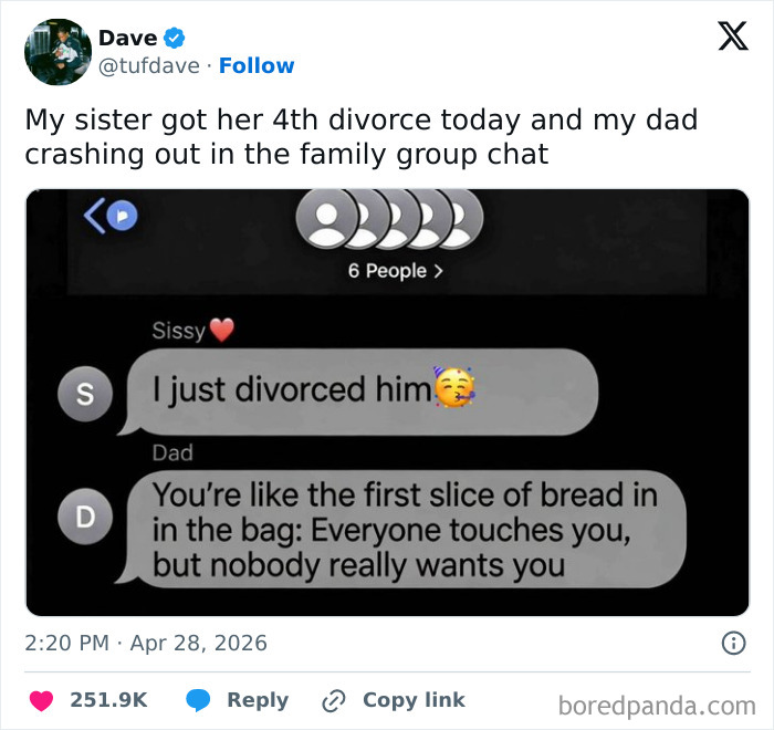 Family group chat joke about sister's 4th divorce with dad's funny comment