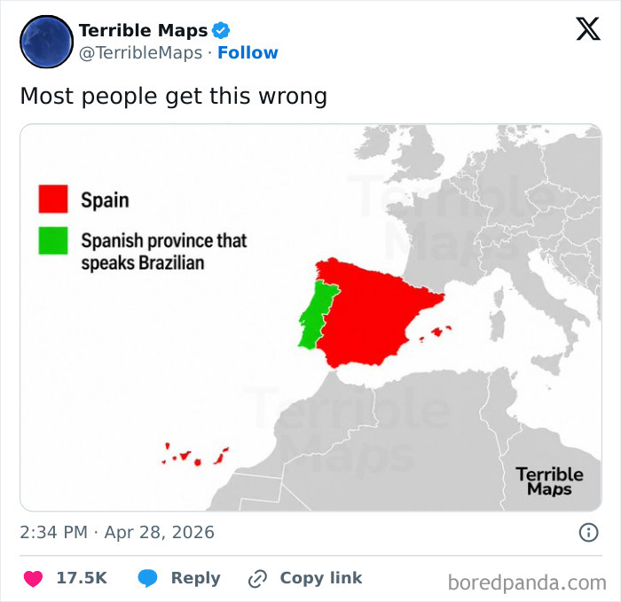 Map with Spain and a Spanish province incorrectly labeled as speaking Brazilian