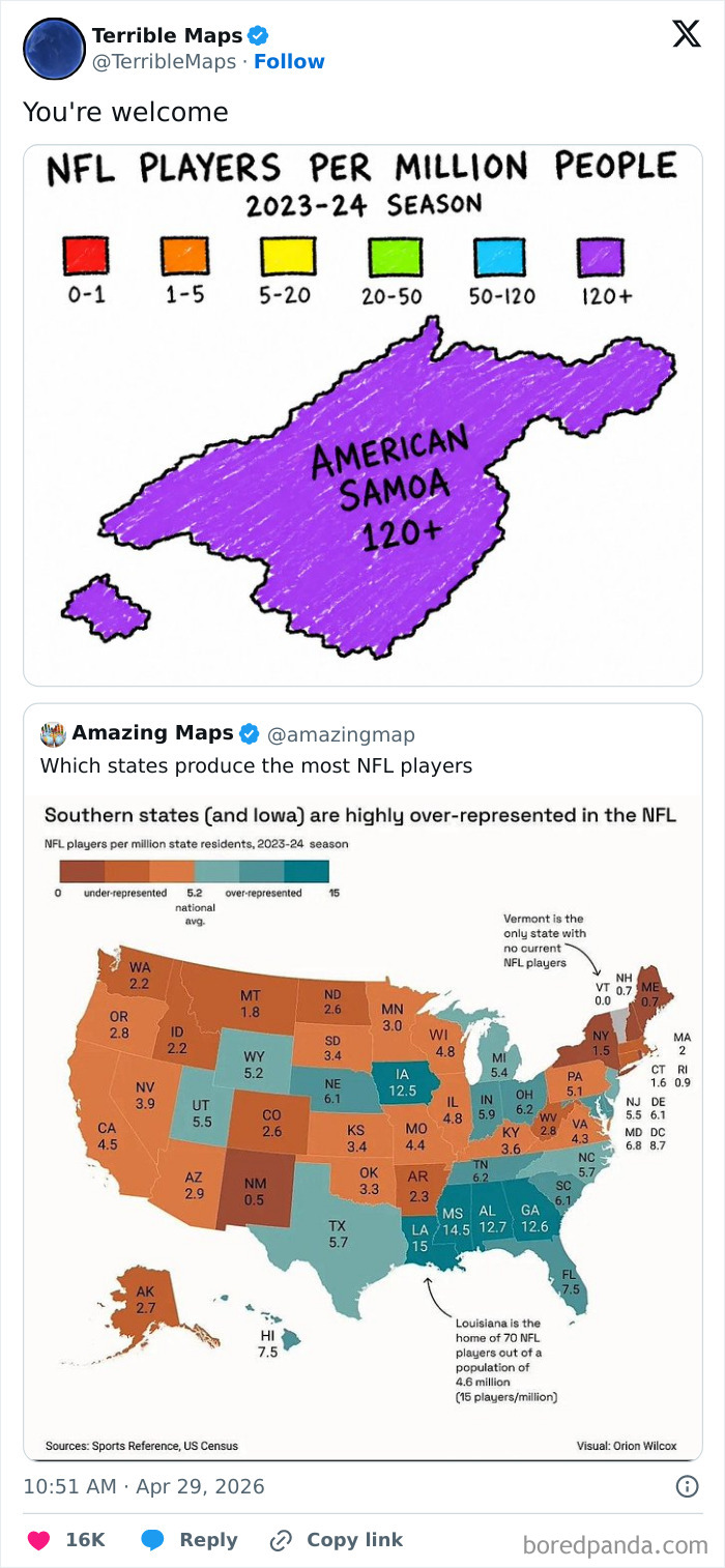 Map of NFL players per million people in American Samoa highlighted in purple