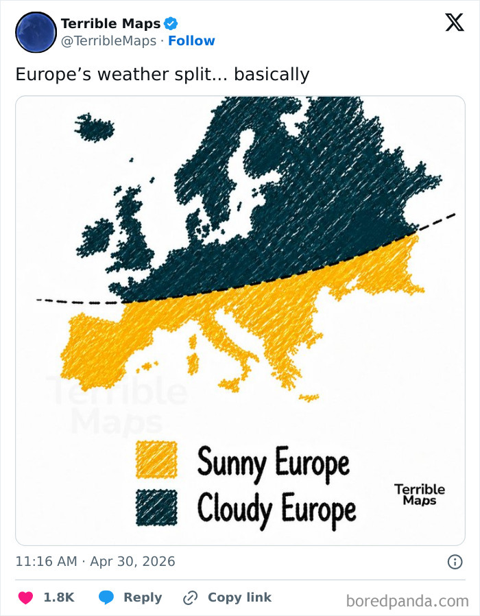 Europe divided into sunny and cloudy regions in a simple graphic map