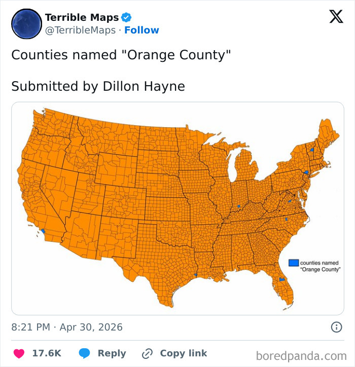 Map highlighting counties named Orange County in the United States