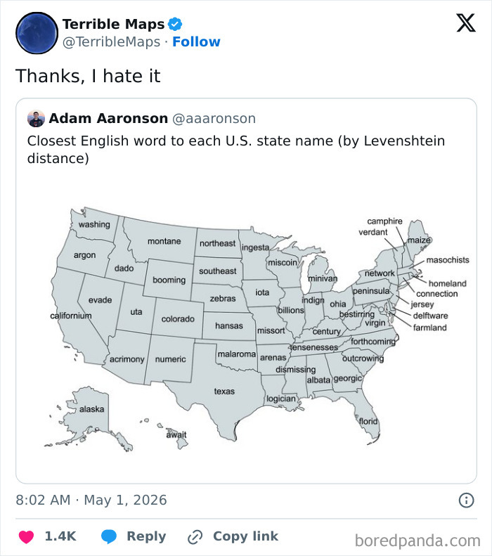Closest English words to each U.S. state name shown on a gray map