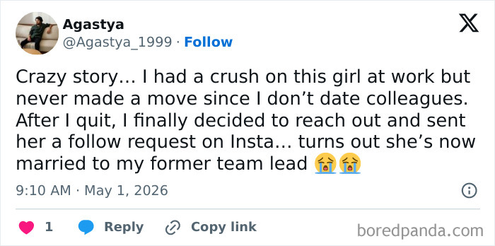 Office crush story leads to surprising marriage news involving former team lead