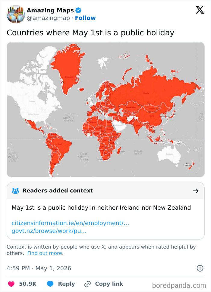 World map showing countries where May 1st is a public holiday in red