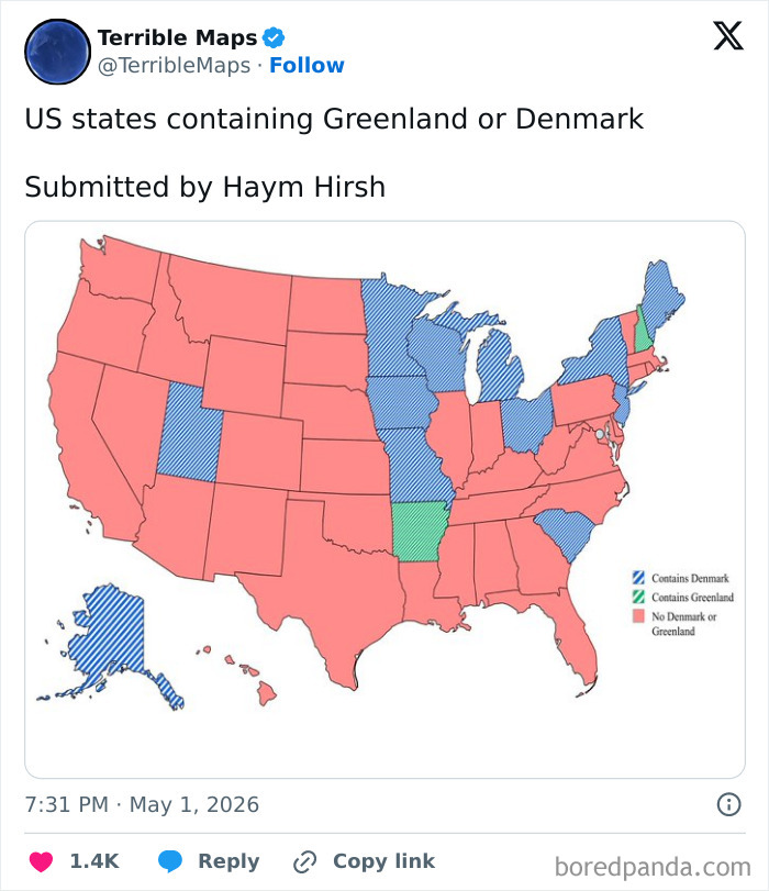 US map highlighting states containing Greenland or Denmark in color coding