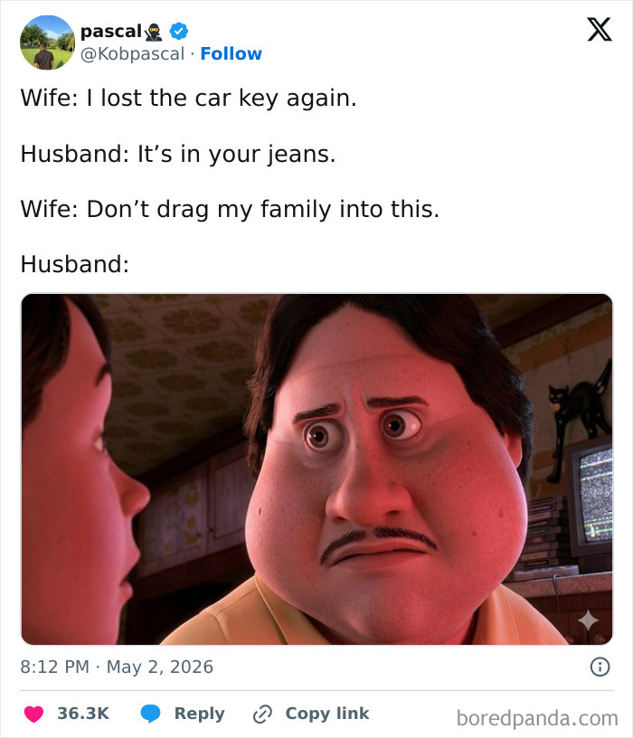 Husband jokes about lost car key in wife's jeans in funny marriage tweet