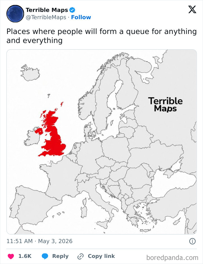 Map of Europe highlighting UK as place where people form queues for anything and everything