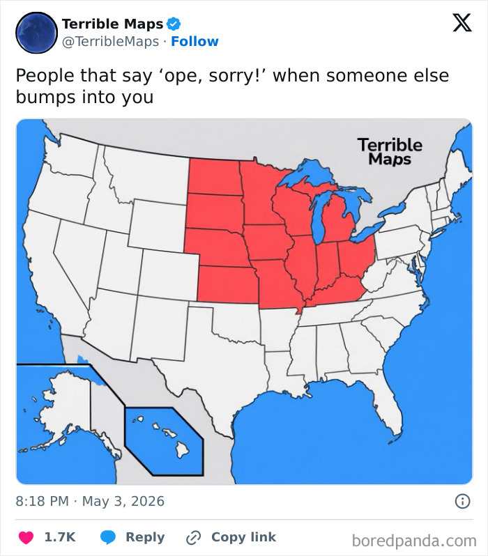 US map highlighting Midwest states where people say 'ope, sorry' when bumped