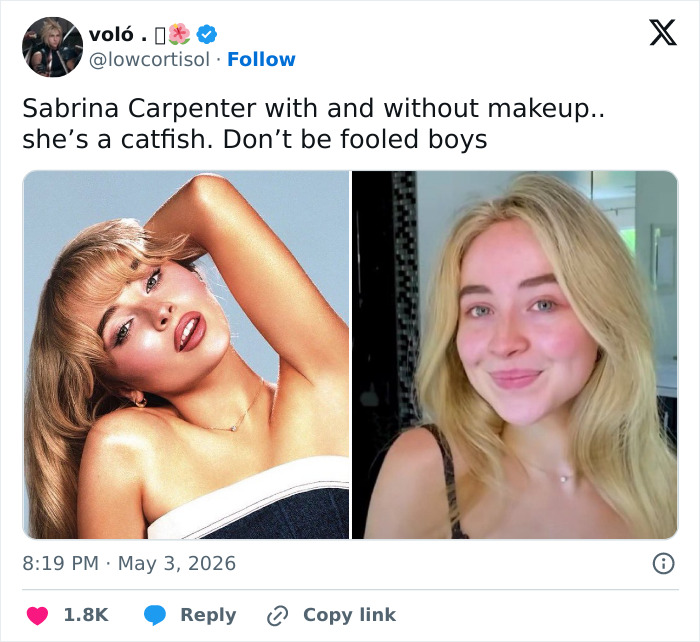 Sabrina Carpenter accused of being a catfish. Side-by-side photos show her makeup transformation.