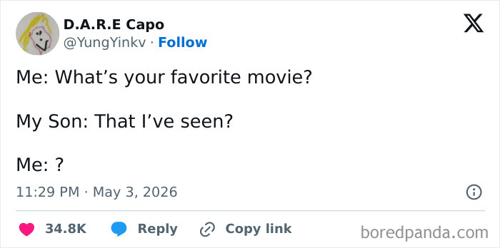 Parent shares a funny exchange about asking a son his favorite movie