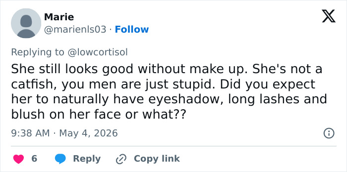 A Twitter post from Marie replying to @lowcortisol, defending Sabrina Carpenter against "catfish" accusations regarding makeup transformations.
