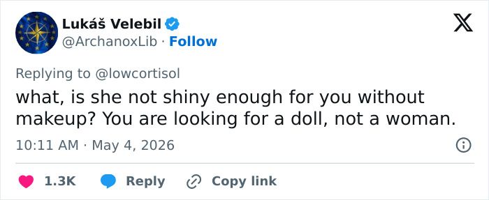 A tweet from Lukas Velebil, asking if a woman isn't shiny enough without makeup, discussing Sabrina Carpenter and makeup.