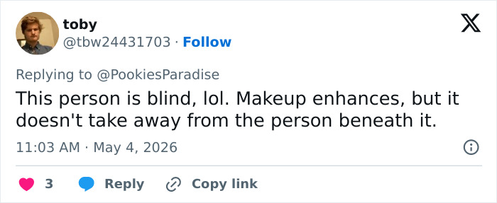 A Twitter user named "toby" replies to a post, defending Sabrina Carpenter from "catfish" accusations by saying makeup enhances, not hides.