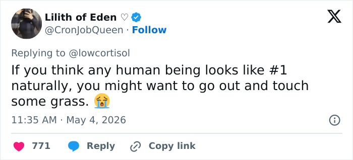 A tweet from Lilith of Eden, @CronJobQueen, replying to @lowcortisol, discussing how Sabrina Carpenter transforms with makeup.