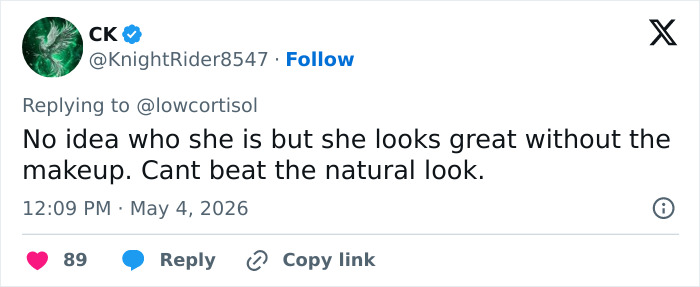 A Twitter comment reading, "No idea who she is but she looks great without the makeup. Cant beat the natural look." This relates to Sabrina Carpenter's natural look vs. makeup transformation.