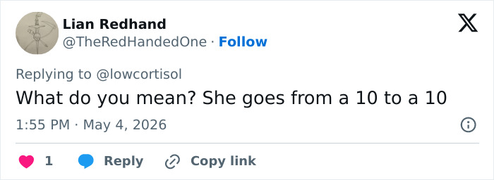 A tweet from Lian Redhand saying Sabrina Carpenter goes "from a 10 to a 10," refuting claims of her being a catfish.