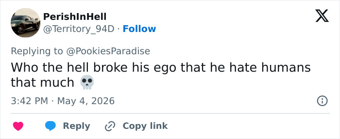 A screenshot of a tweet from @PerishInHell asking about someone's broken ego and hate for humans, linking to Sabrina Carpenter's catfish accusation.