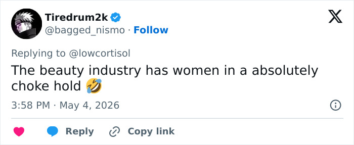 A tweet by Tiredrum2k states, The beauty industry has women in an absolutely choke hold. Relates to Sabrina Carpenter "catfish" makeup transformation.