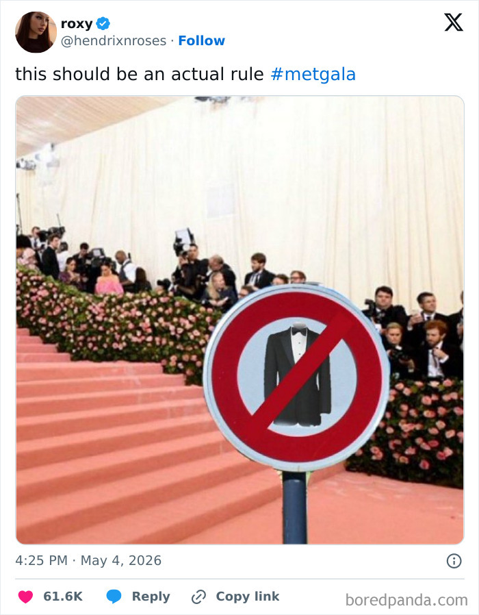 A no-tuxedo sign on the pink MET Gala carpet, capturing funny reactions to celebrity guests.