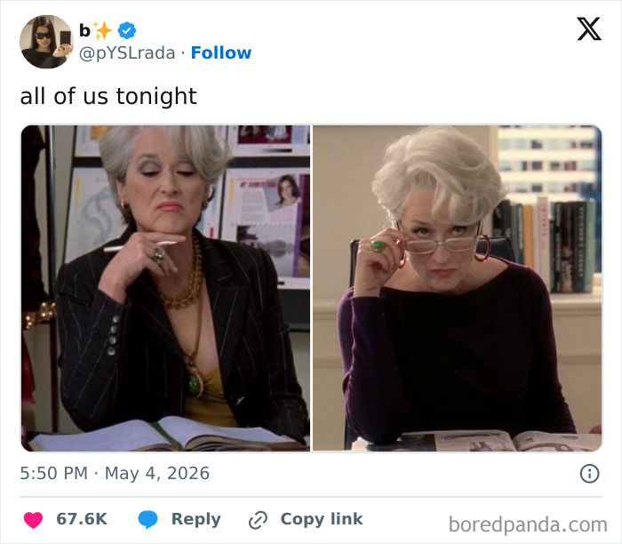 A split image of Miranda Priestly looking displeased and scrutinizing, depicting reactions to MET Gala 2026 celebrity guests.