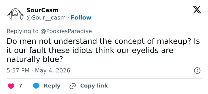 A tweet from SourCasm discussing how makeup transforms appearance, linking to Sabrina Carpenter catfish discussions.