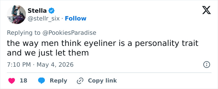 A white Twitter post from Stella discussing how eyeliner can transform a person, referencing the Sabrina Carpenter catfish accusations.
