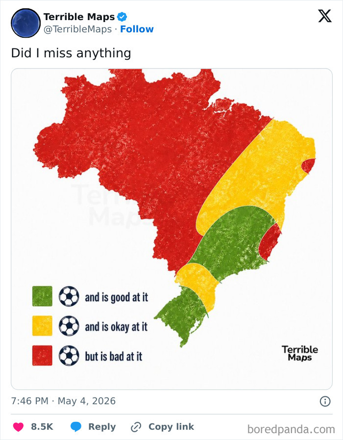 Map of Brazil with areas rated as good, okay, or bad at soccer