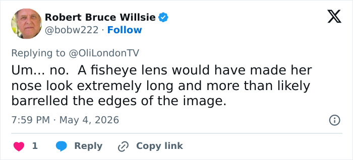 Um tweet de Robert Bruce Willsie respondendo a @OliLondonTV, discutindo lentes olho de peixe e a aparição de Olivia Wilde no Met Gala.