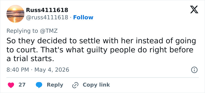 A Twitter reply regarding the Blake Lively and Justin Baldoni trial, implying settlement due to guilt.