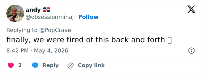 A tweet from @obsessionminaj: Finally, we were tired of this back and forth after the chaotic Blake Lively and Justin Baldoni trial.