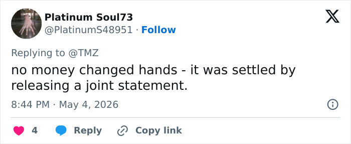 A social media reply about a deal in a multimillion-dollar case, potentially relating to Blake Lively and Justin Baldoni.