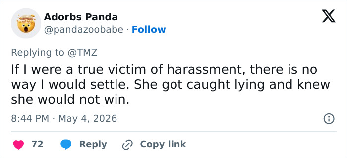 A tweet from Adorbs Panda, replying to TMZ, discussing a settlement in a multimillion-dollar case.