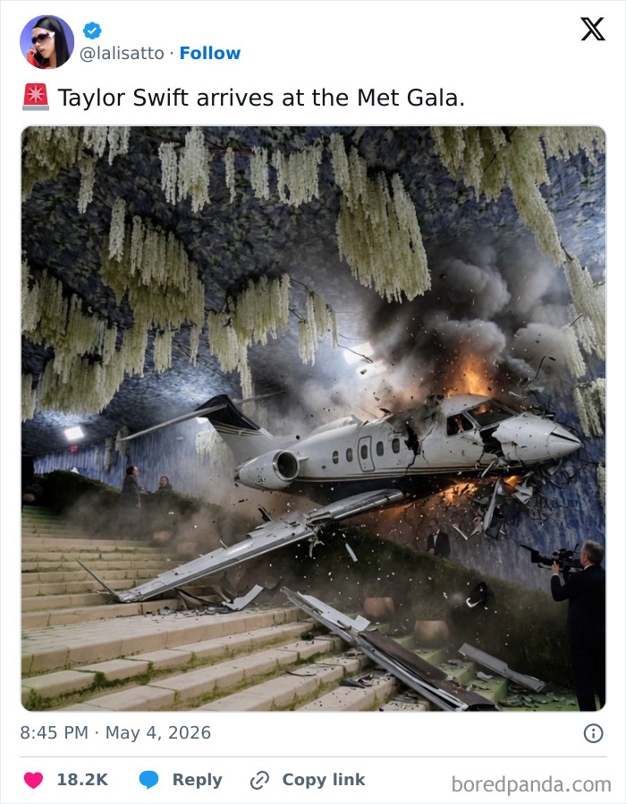 A private jet crashed into a building adorned with flowers, smoke billowing. Funniest and spiciest Met Gala reactions.