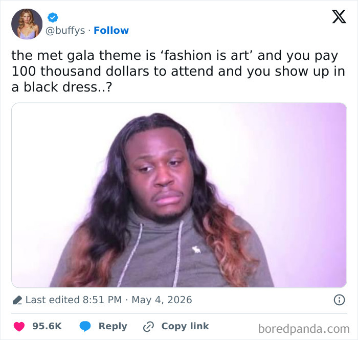MET Gala 2026 reaction meme featuring a man with long hair looking disappointed at a tweet. Funniest and spiciest reactions.