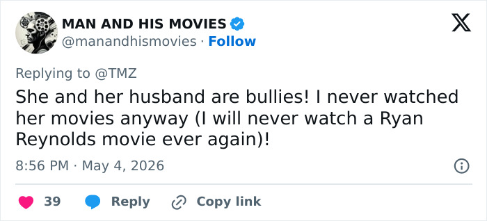 A tweet from @manandhismovies expressing opinions about Blake Lively. This user vows not to watch movies involving her or Ryan Reynolds.