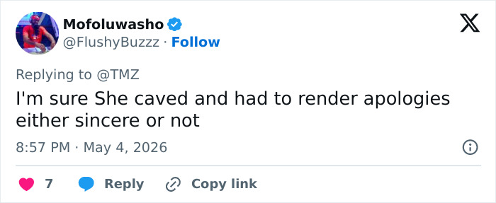 A tweet from Mofoluwasho, saying She caved and had to render apologies, referencing the Blake Lively trial.